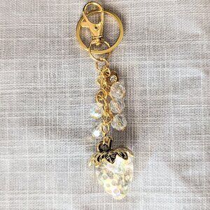 STRAWBERRY FRUIT GOLD KEYCHAIN IRIDESCENT BEADED CHARM FOR HANDBAG PURSE OR TOTE